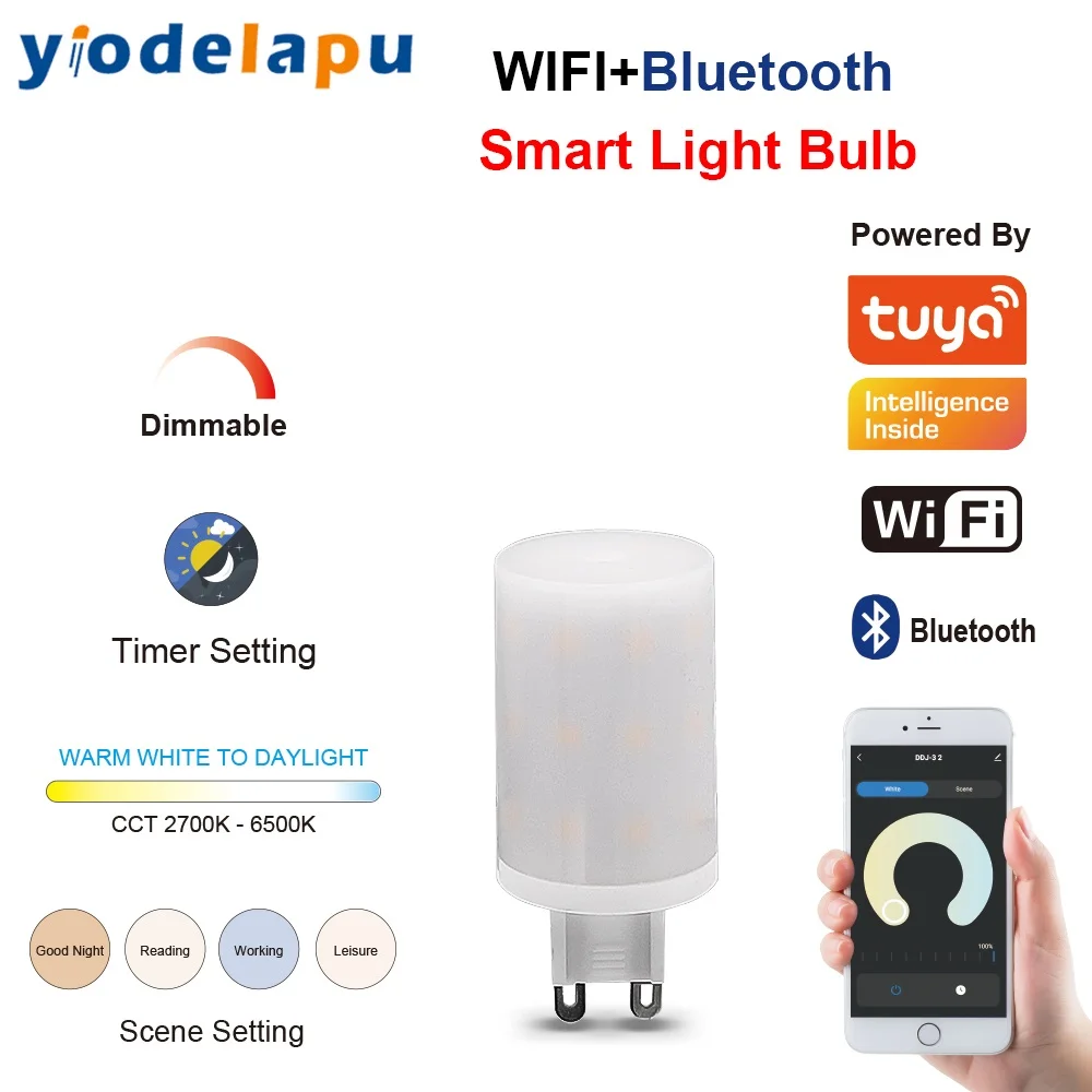 1 шт. Tuya G9 Smart Light с регулируемой яркостью 2700K-6500K G9 WiFi 6 Вт Светодиодная лампа Интеллектуальная лампа 230 В Поддержка голосового управления Alexa Google Home