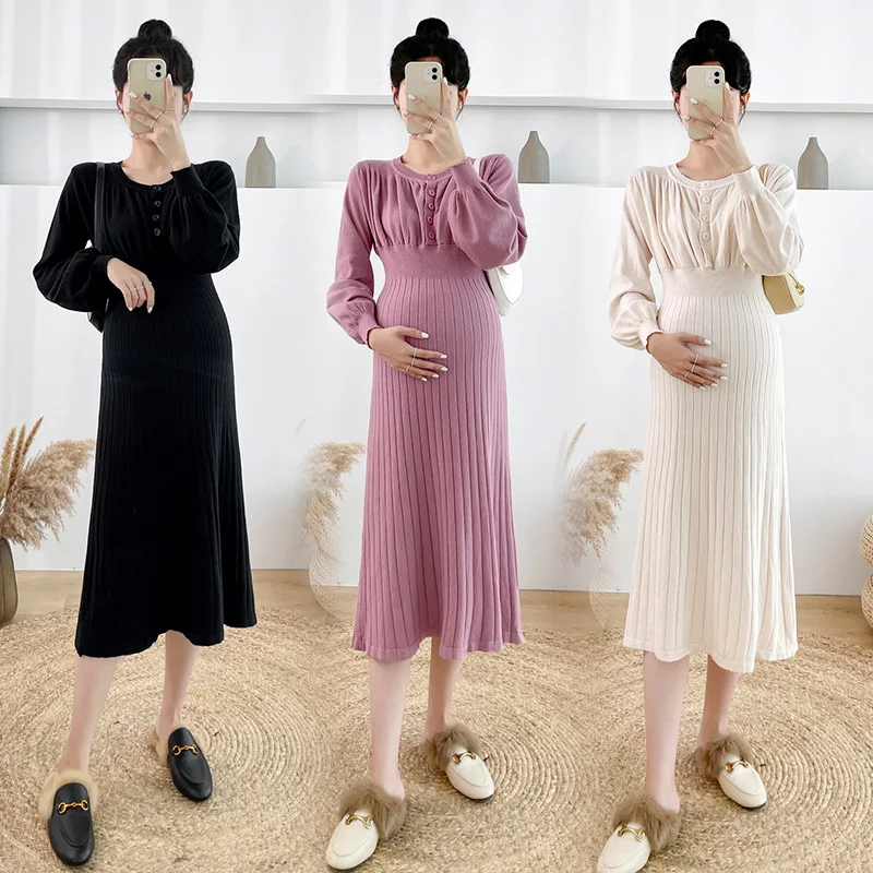 1001 # Осень-зима Корейская мода Трикотажные свитера для беременных Платье Элегантная стильная одежда A Line для беременных женщин Беременность