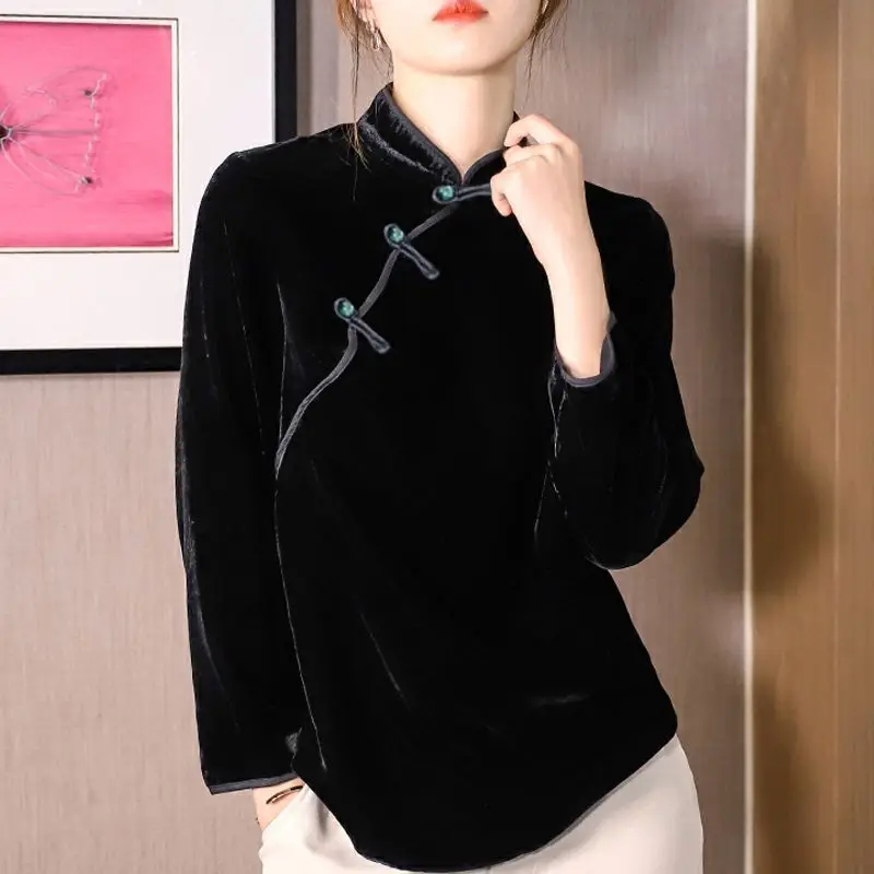 2023 китайская блузка с длинным рукавом с воротником для женщин элегантная повседневная блузка ципао воротник женская атласная элегантная одежда в стиле ретро