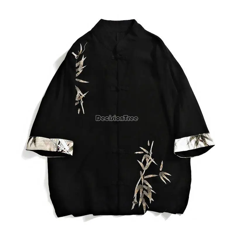 2023 Китайский стиль Новый бамбуковый принт Диск Пуговица Рубашка с коротким рукавом Свободная повседневная мужская мода Костюм Танг Стиль Ретро Топ W54