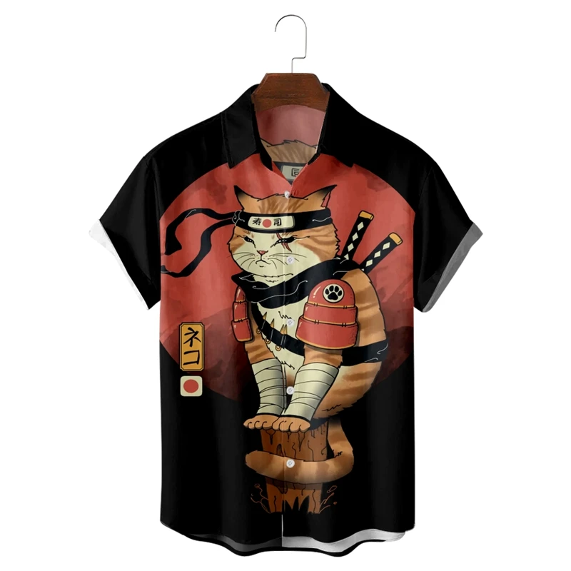 2023 Летняя уличная рубашка с принтом и коротким рукавом Мужская топовая гавайская рубашка с принтом кошки