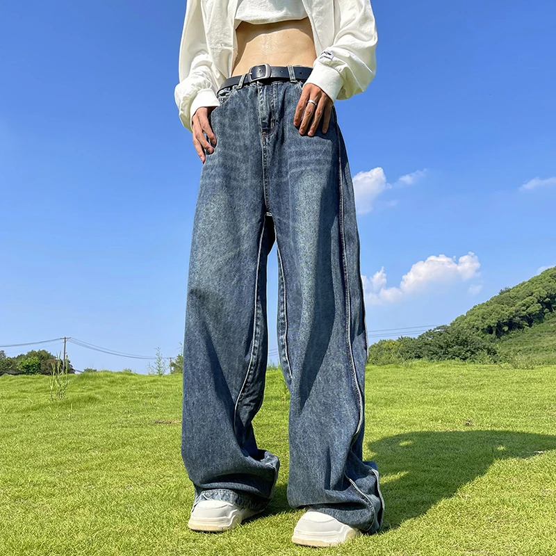 2023 Мужские модные джинсы High Street Hip Hop Свободные мужские винтажные негабаритные удобные повседневные прямые джинсовые брюки широкие штанины B147