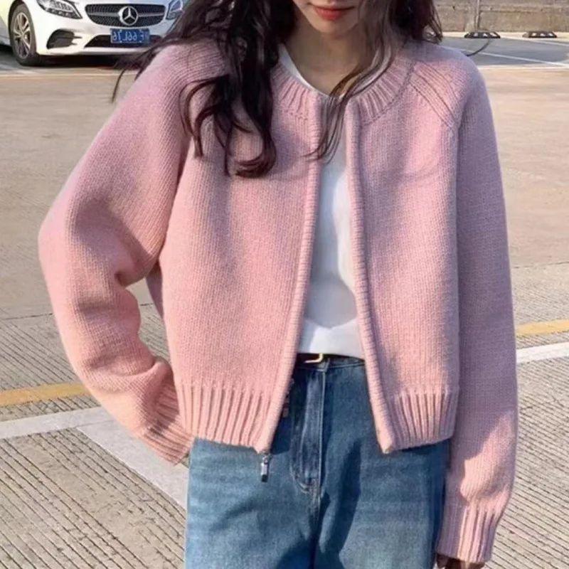 2023 осень зима трикотажный кардиган женский кашемировый свитер с круглым вырезом пальто корейская мода мягкая куртка на молнии слайдеры топы