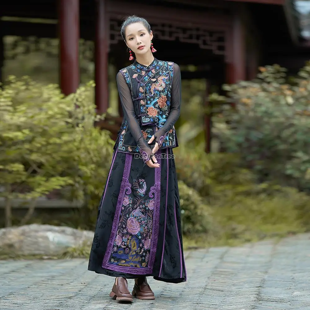 2023 улучшенный китайский национальный стиль вышивка воротник-стойка жилет без рукавов пальто А-силуэт эластичная талия свободный стиль юбка s713