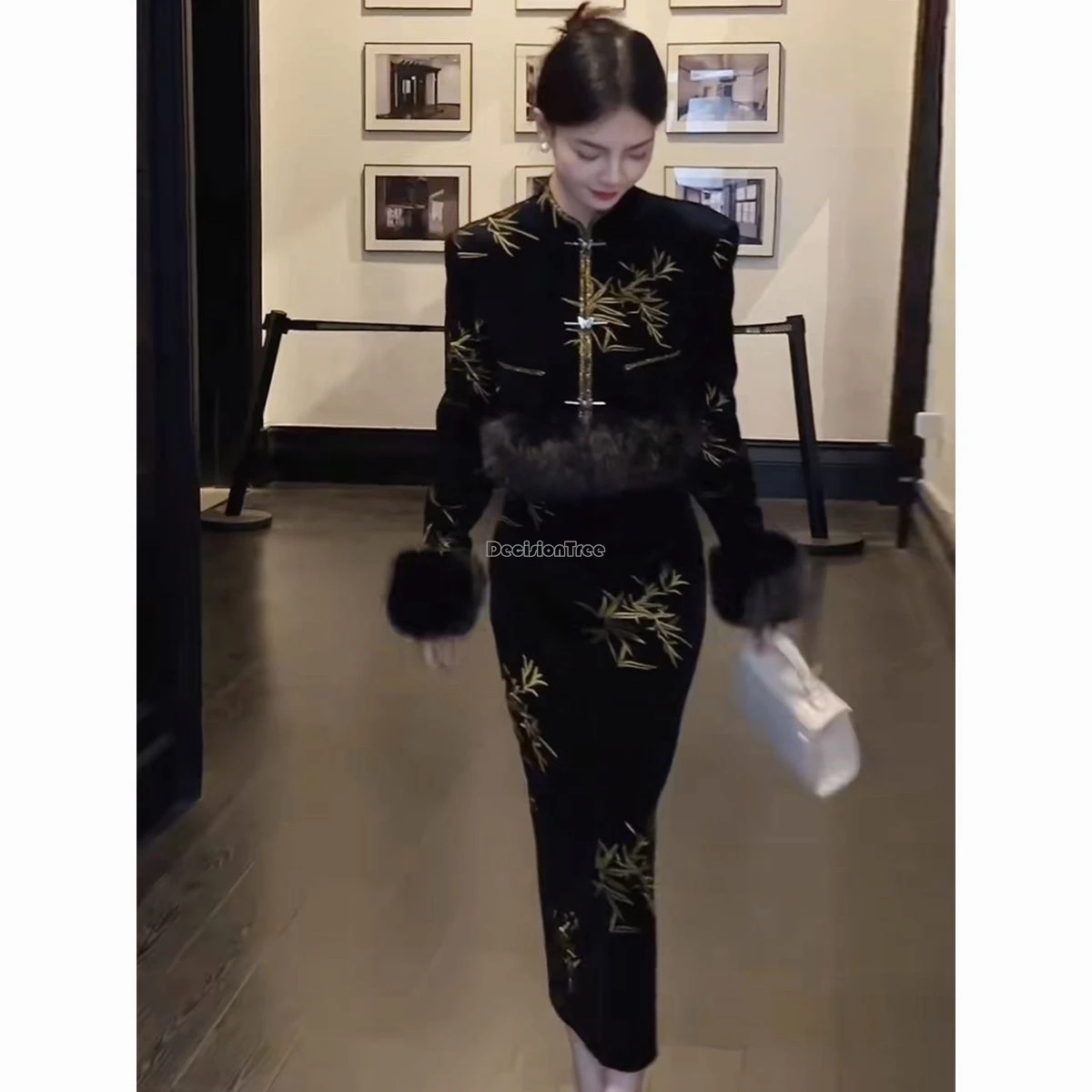 2024 новый китайский стиль бамбуковый лист вышивка бархат хлопок пальто юбка осенне-зимний чеонсам в стиле чхонсам w98