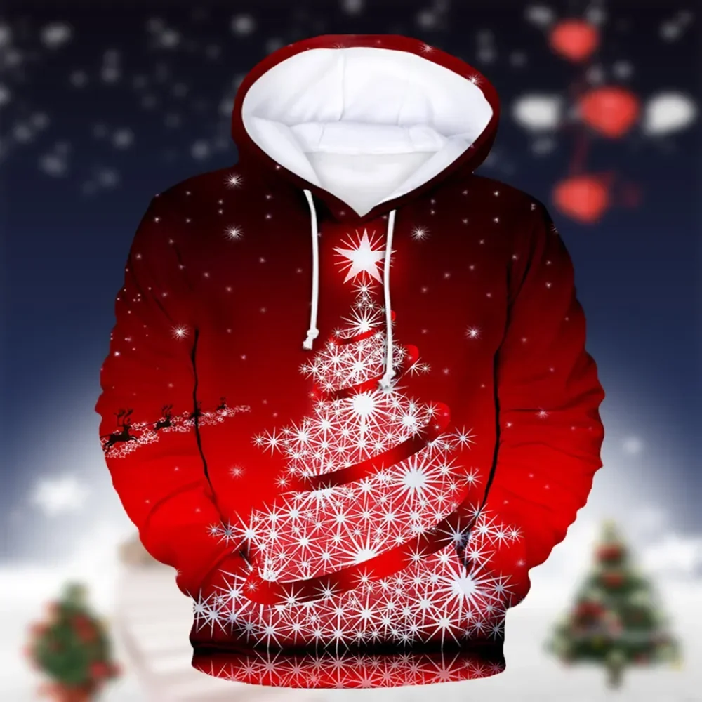 2024 Санта-Клаус Толстовка с капюшоном, 3D-печатная рождественская елка, негабаритная толстовка с капюшоном, мужской костюм, милый джемпер для вечеринок, топ-костюм