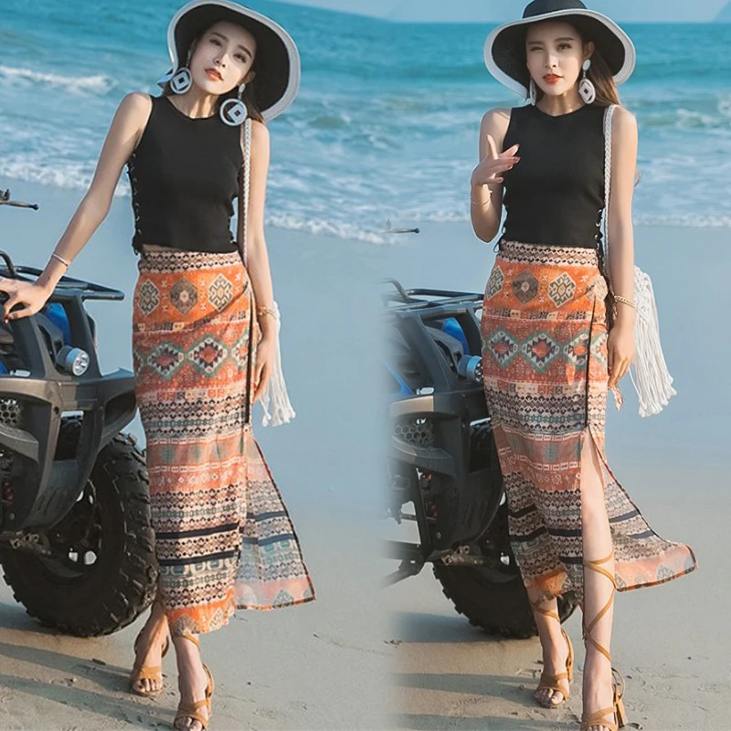 2024 тайский стиль повседневная пляжная юбка этнический стиль ретро стиль путешествий длинная юбка цельная полуюбка с высокой талией с разрезом в цветок