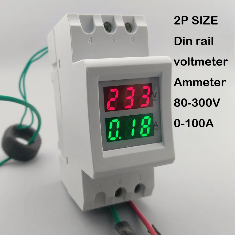2P 36 мм DIN-рейка Двойной светодиодный дисплей Вольтметр напряжения и тока Диапазон амперметра Переменный ток 80-300 В 200-450 В 0-100 А