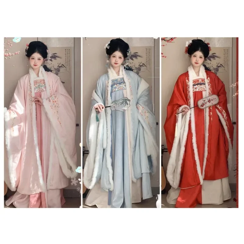 3 цвета Зимняя вышитая рубашка с большим рукавом Платье до груди Пальто Tang Женщины Традиционный Китайский Теплый Ханьфу Халат Набор