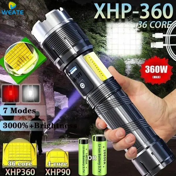 6000000LM XHP360 Сверхмощные светодиодные фонарики Перезаряжаемый тактический фонарик Zoom 7 режимов Водонепроницаемый фонарик для рыбалки18650