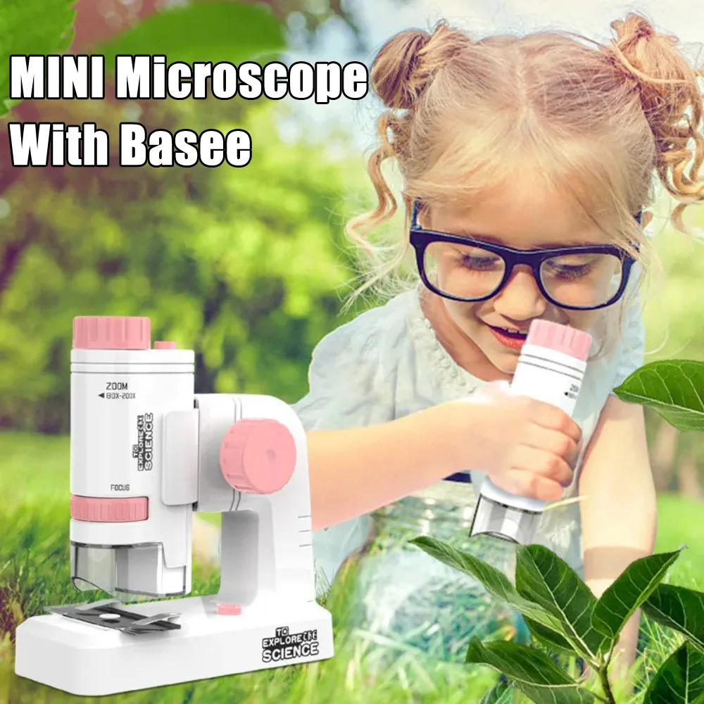 80-200X Портативный мини-микроскоп с базой Дети исследуют науку Инструмент Детский микроскоп Светодиодный биологический микроскоп