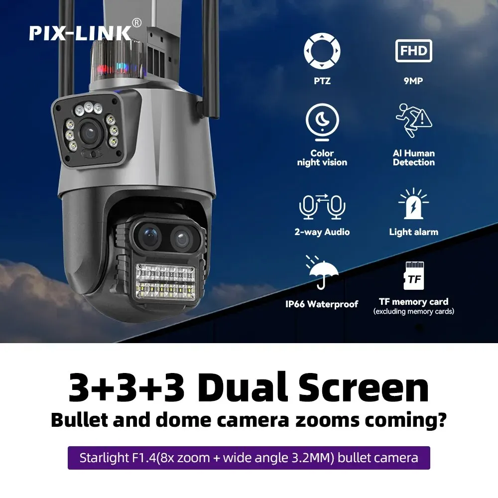 9MP WiFi камера 3 объектива Двойной экран 4K Камера защиты безопасности 8-кратный зум Наблюдение Автоматическое слежение Камера видеонаблюдения PIX-LINK P11-90