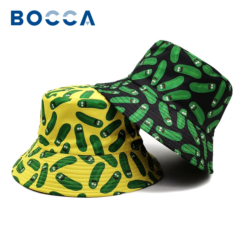 Bocca Cucumber Print Bucket Шляпа Мультфильм Панама Рыбацкие Шляпы Унисекс Мужчины Женщины Двусторонние Двусторонние Наружные Солнцезащитные Шапки