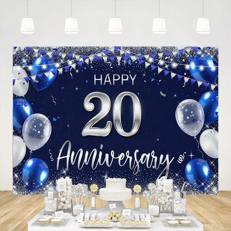  Custom Happy 20th Anniversary Фон Баннер Темно-синий Серебряный Блеск 20 лет Свадебные Украшения Для Женщин Мужчин