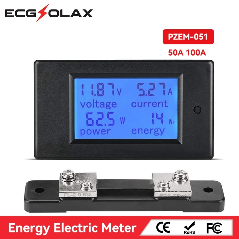 ECGSOLAX 4 в 1 постоянный цифровой амперметр вольтметр вольтметр 6-100 В ЖК-дисплей мотоцикл напряжение ток мощность монитор энергии 50 А 100 А PZEM-051