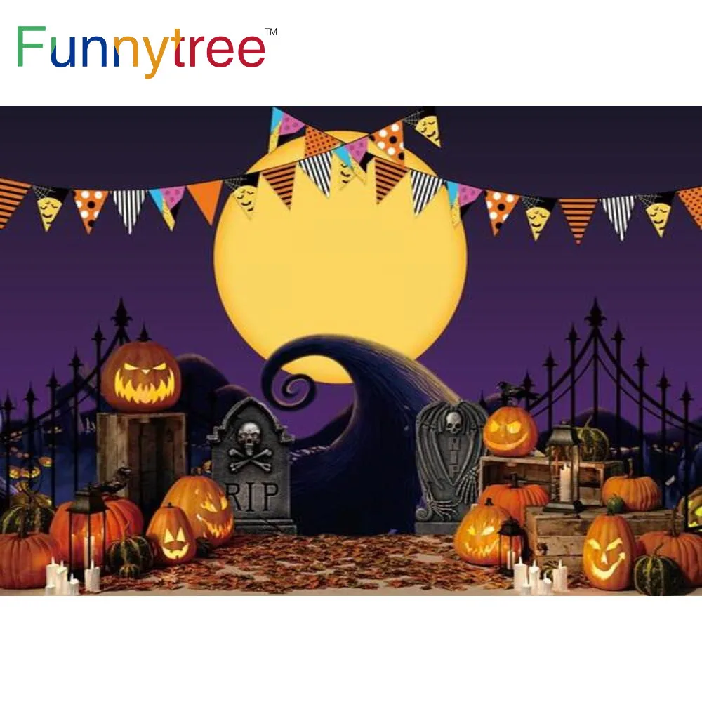 Funnytree Happy Halloween Party Night Full Moon Фон Тыква Фонарь Баннер Ужасный надгробный камень Череп Свеча Фон
