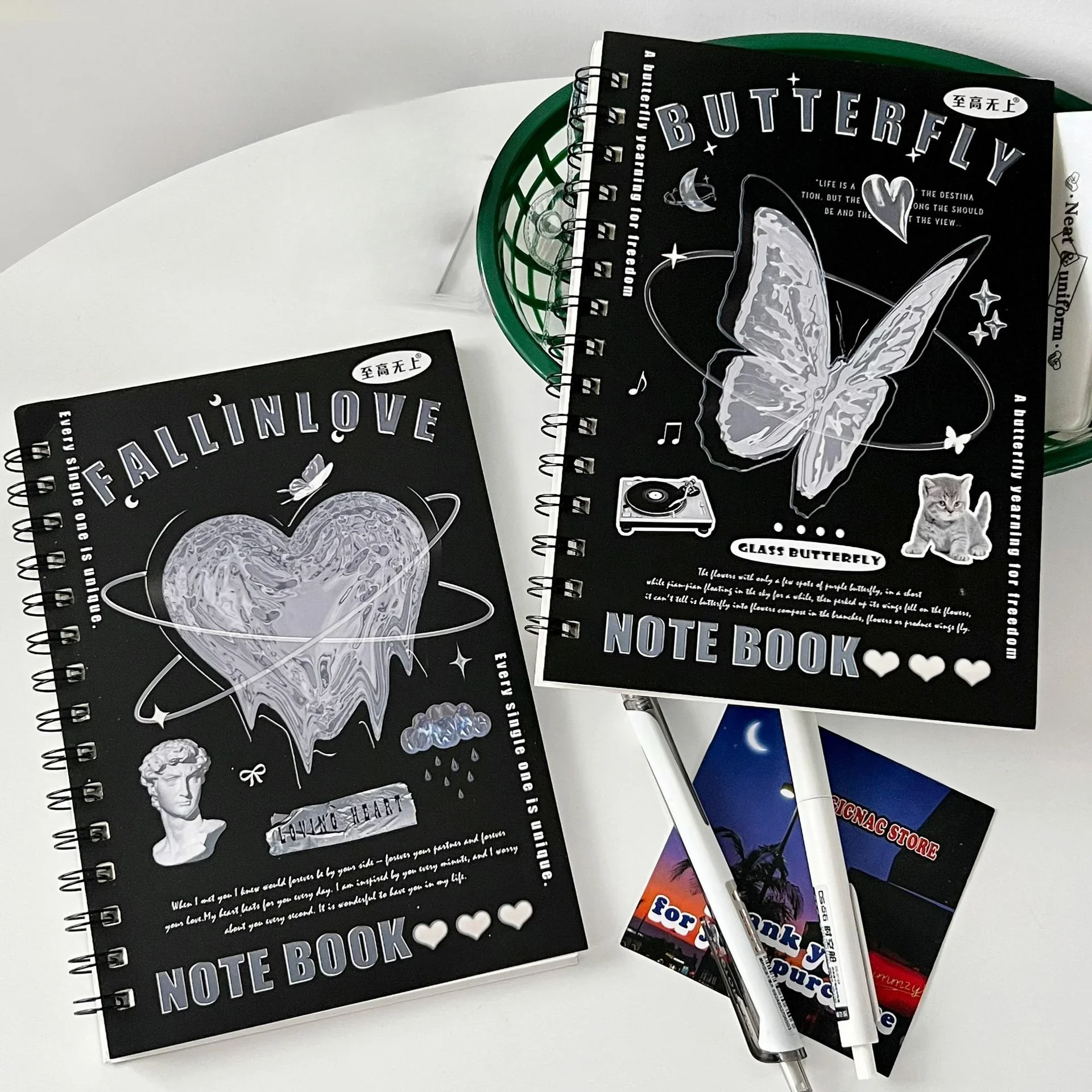  Girl Heart A5 Coil Notebook, Темный лазерный блокнот с горизонтальной линией, Прочный Ретро Обучающий блокнот