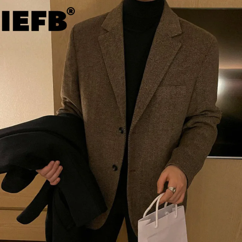 IEFB Деловой мужской повседневный костюм Пальто Зимние утолщенные свободные пиджаки Модная тенденция Британский стиль Мужская куртка Топ 2023 Новинка 9C3376