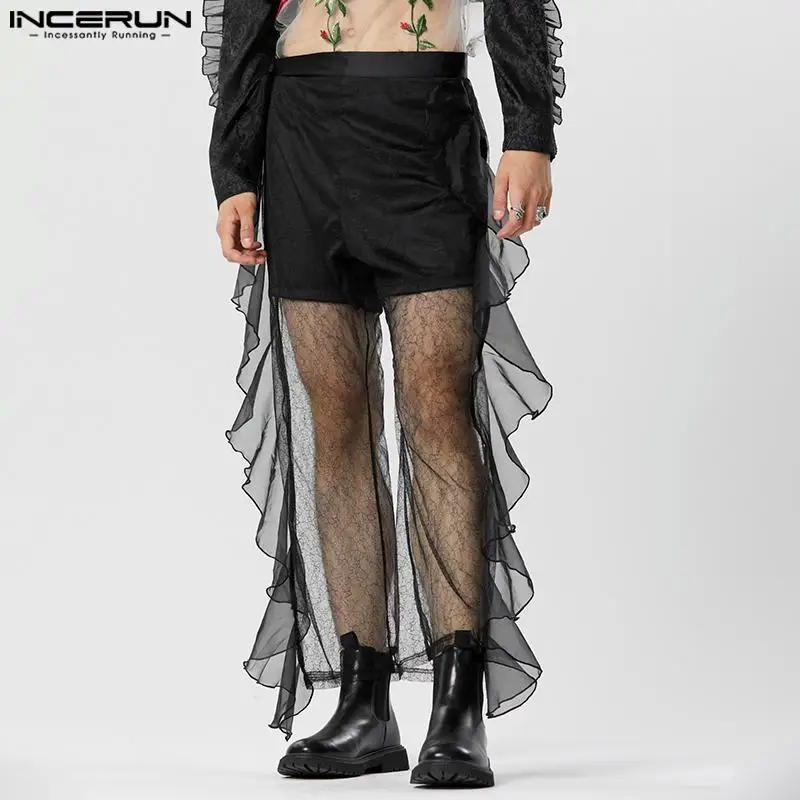 INCERUN 2023 Американский стиль Мужские брюки Тонкие прозрачные сетчатые брюки Повседневная клубная одежда Мужская кружевная оборка Краевая панель Панталоны S-5XL