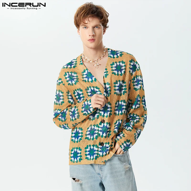 INCERUN Tops 2023 Американский стиль Новая мужская ажурная рубашка без воротника Вечеринка показывает мужскую горячую продажу Кардиган с длинными рукавами Блузка S-5XL