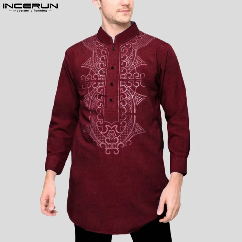 INCERUN Топы 2023 Мусульманский стиль Новые мужские рубашки с этническим принтом Досуг Хорошо сидящая мужская всематчевая блузка с длинными рукавами S-5XL