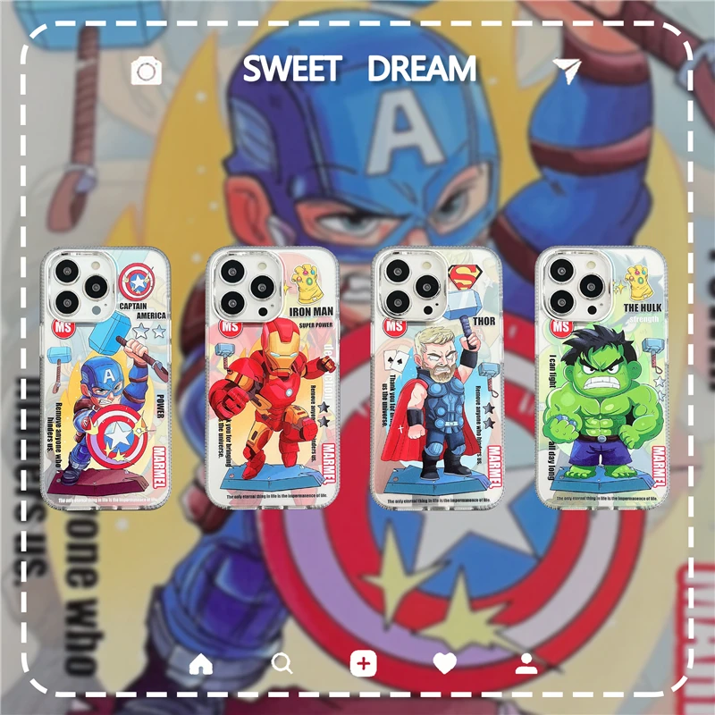 iPhone 15 14 13 12 11 Pro Max Disney Thor MARVEL Капитан Америка Железный человек Халк Модный лазерный чехол для милой задней крышки