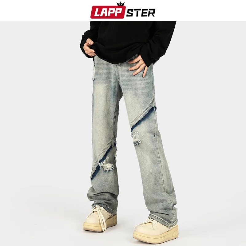 LAPPSTER Hole Y2k Streetwear Stacked Jeans 2023 Новая корейская мода Джинсы-карго Harajuku Hip Hop Синие мешковатые джинсовые брюки с низкой посадкой