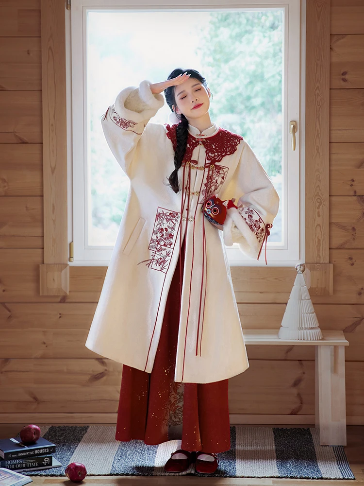 QiYueXi Оригинальное платье элемента династии Мин Костюм с вышивкой Ханьфу Белая рубашка Красное платье