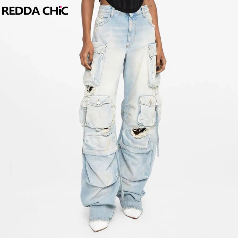 REDDACHiC Набедренные карманы Рваные мешковатые джинсы для женщин Потертые широкие брюки Y2k Рваные брюки с высокой талией Винтажная уличная одежда 90-х