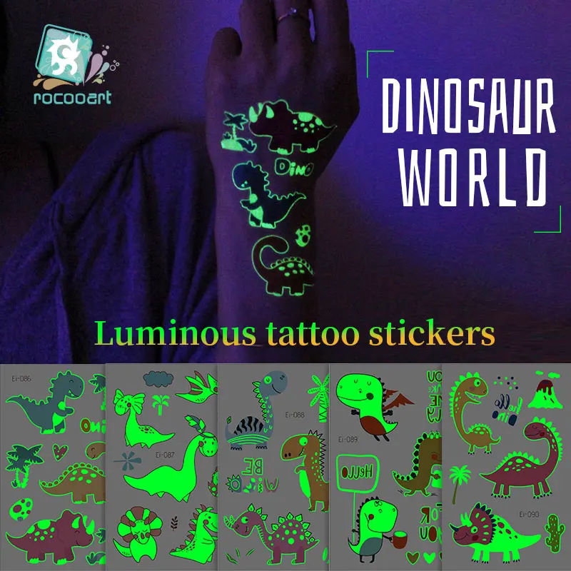 Rocooart Наклейки на татуировку динозавра для детей Поддельная татуировка светящаяся в темноте татуировка Дети Водонепроницаемый Тату Светящийся боди-арт Тату
