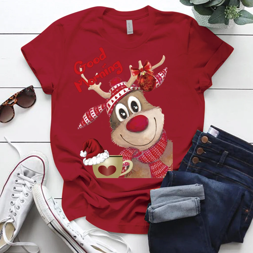 Seeyoushy Рождественский олень Доброе утро Печатные праздничные женские футболки Забавные милые топы Рождественская футболка для дамских футболок