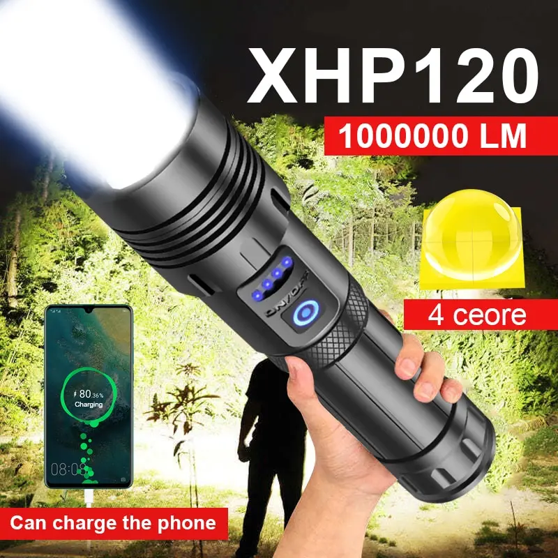 Super XHP120 Мощный светодиодный фонарик XHP90 Фонарик высокой мощности Перезаряжаемый тактический фонарик 18650 USB Кемпинговый фонарь