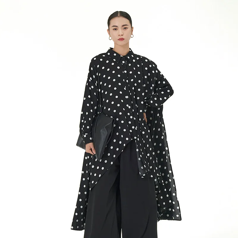 SuperAen 2023 Осенний новый женский черный нестандартный топ для женщин Свободные рубашки оверсайз с длинным рукавом и точечной печатью