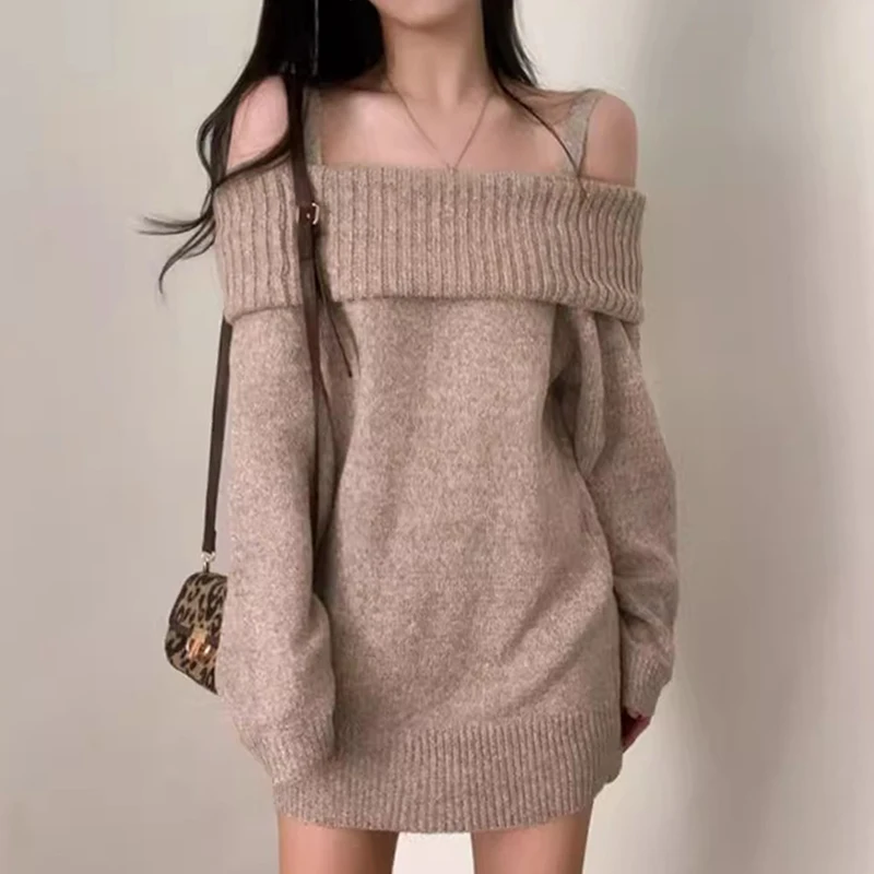 SuperAen 2023 Осень / Зима Сексуальное платье-свитер с одной линией шеи и плечами с высокой талией и длинным рукавом