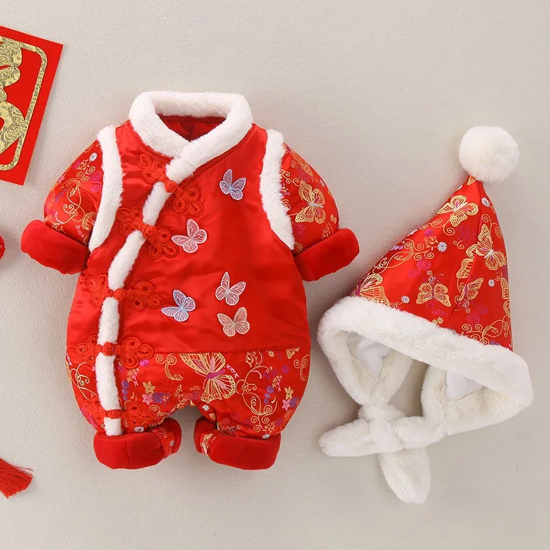 Tang Костюм для девочки Китайский традиционный Новый год Зима Новорожденный Теплые Красные Наряды Утолщение Цельный Комбинезон и Шляпа Подарочный Набор