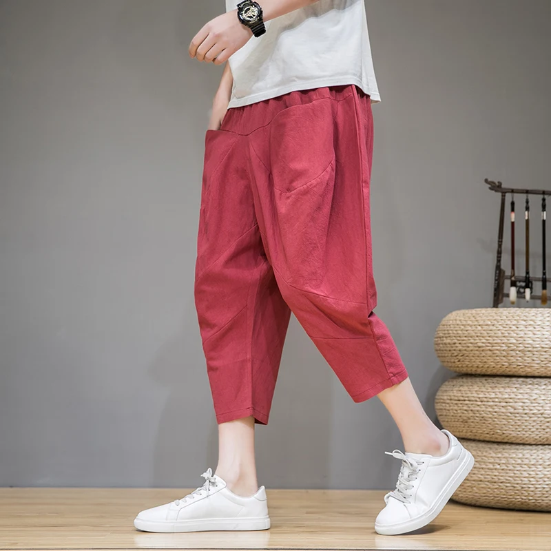 Trend Man Китайский национальный стиль Ханьфу Повседневные маленькие брюки для ног 2023 лето Новые мужские свободные шаровары Мужские повседневные брюки-капри