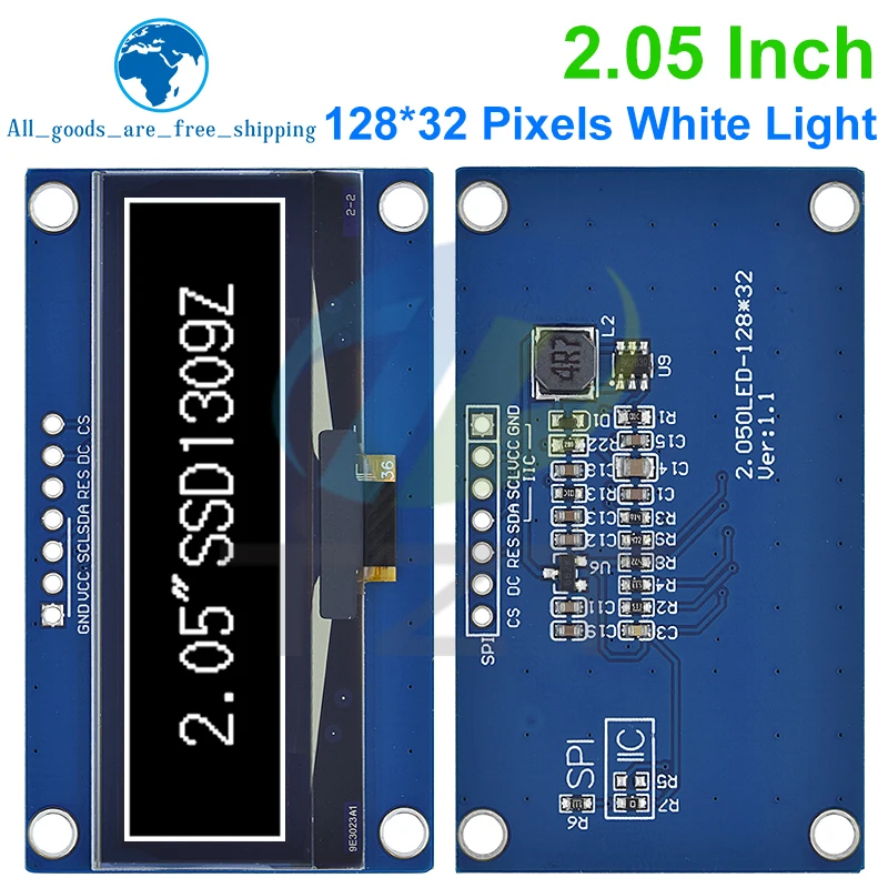 TZT 2,05-дюймовый OLED-дисплей 128 * 32 ЖК-модуль Белый цвет SSD1309 Поддержка контроллера Интерфейс SPI/IIC для Arduino
