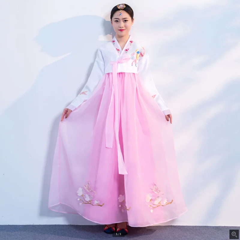 V-образным вырезом Платье ханбок для женщин, Корейский стиль, Традиционное винтажное платье в стиле ретро, Вечернее платье для вечеринки, Женская туника, Национальные костюмы