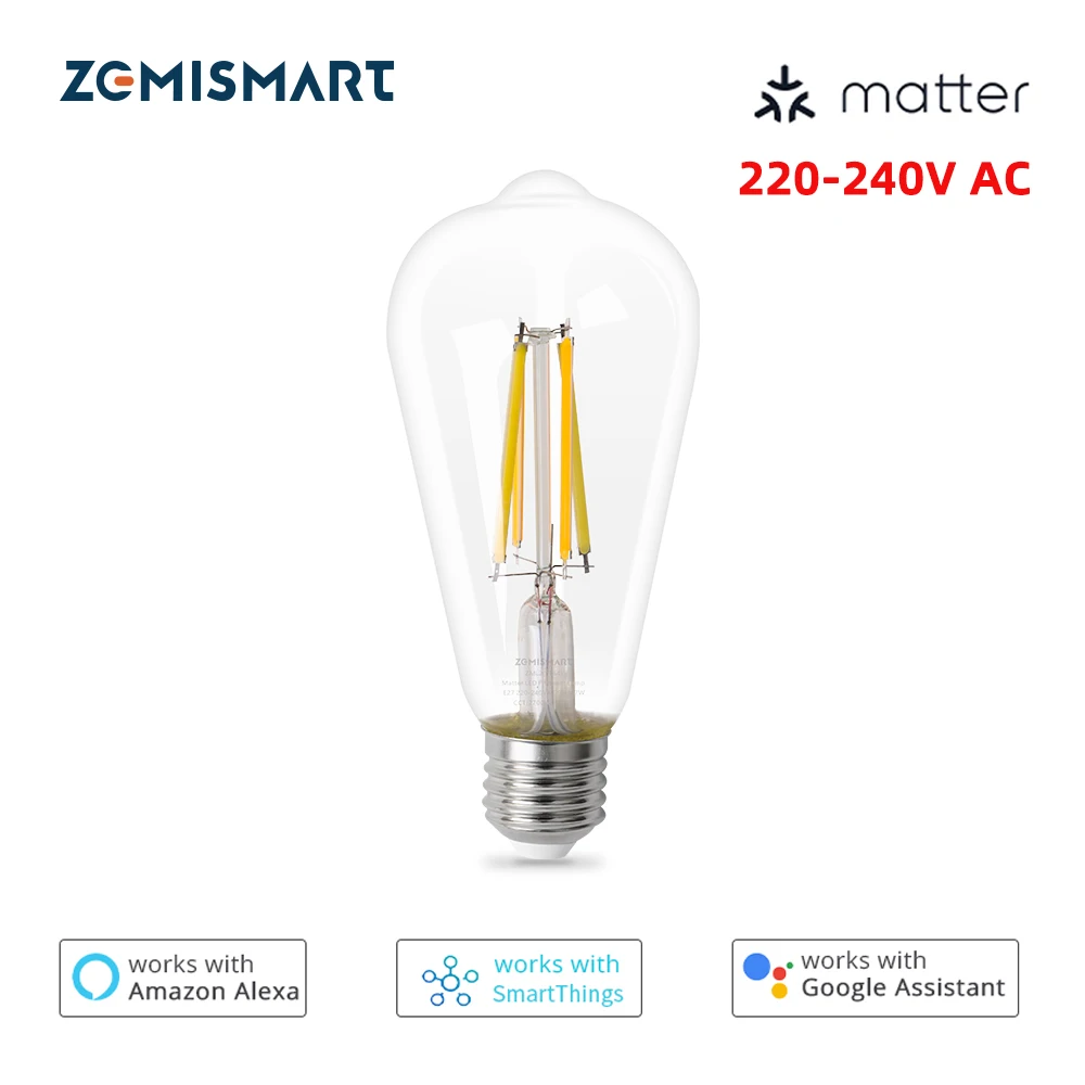 Zemismart Matter Over WiFi Светодиодная лампа накаливания 7 Вт Ретро Вольфрамовая лампа E27 220 В SmartThings Siri Alexa Google Home Control