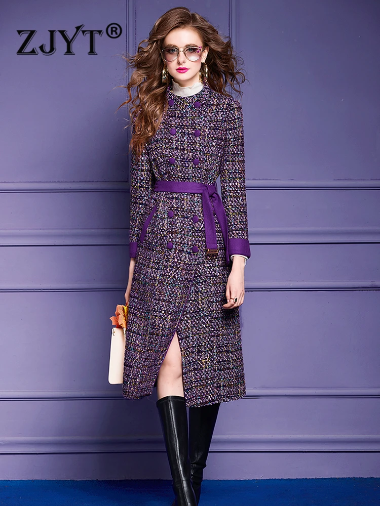 ZJYT Винтажные фиолетовые длинные шерстяные смеси Твидовые куртки для женщин Осень-зима Двубортное толстое пальто Верхняя одежда больших размеров