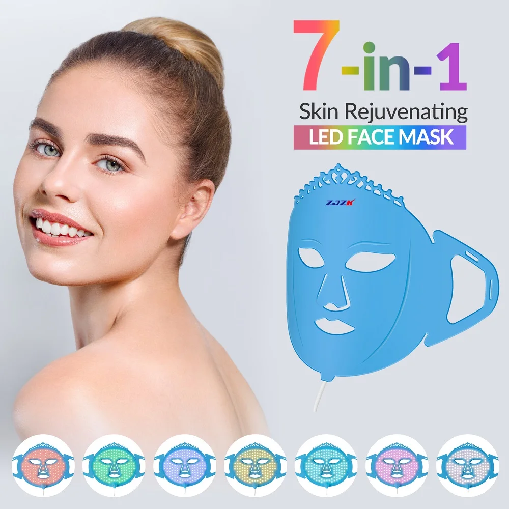 ZJZK Силиконовая 7Colors светодиодная маска для лица Фотонная терапия Омоложение кожи Анти-акне Удаление морщин Уход за кожей Маска для осветления кожи
