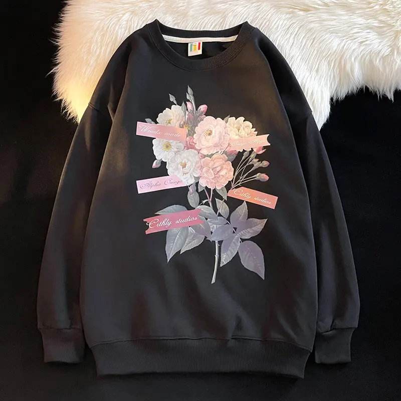 Американская винтажная толстовка с капюшоном, мужская, винтажная, с круглым воротником, Top Tide, бренд, весна и осень, цветочный дизайн, кремовый, белый, черный, белый M-5XL