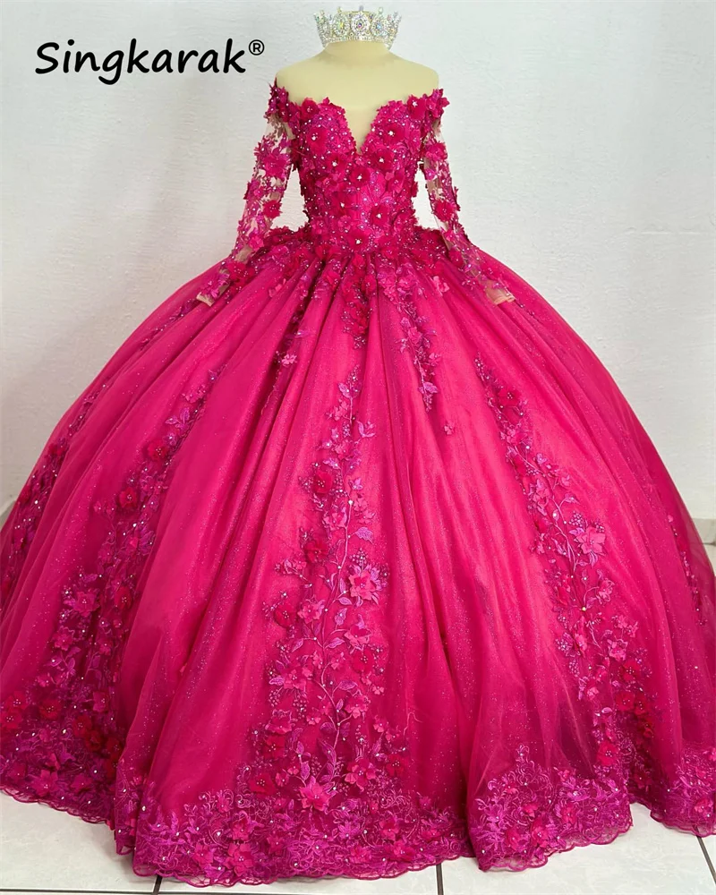 Бальное платье цвета фуксии Платья Quinceanera Длинные рукава Цветочные аппликации из бисера Sweet 16 Платье Vestidos de 15 años Свадебные платья