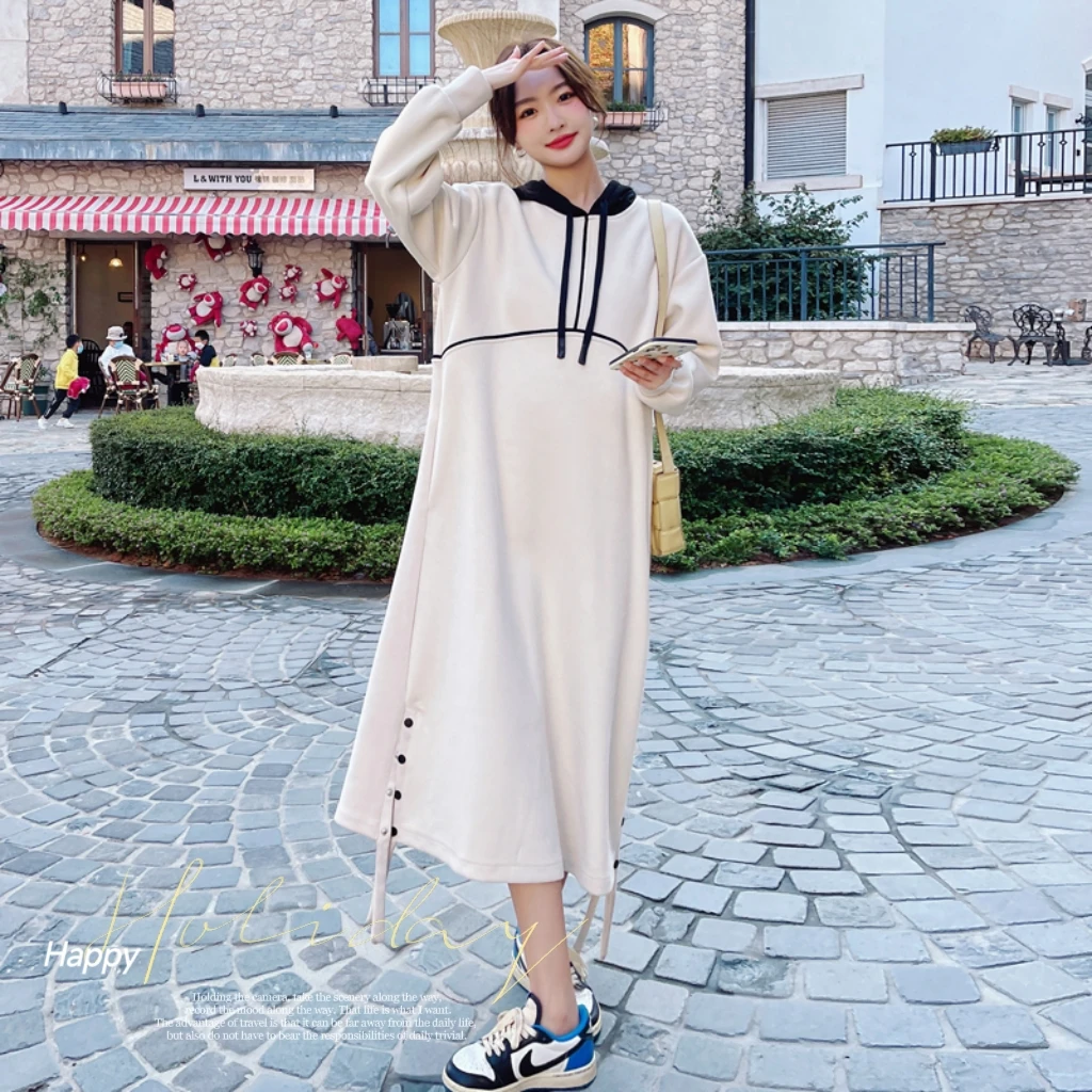 бежевое платье с капюшоном с длинными рукавами и капюшоном для женщин 2023 весна новая мода свободные элегантные платья-толстовки в корейском стиле 6602