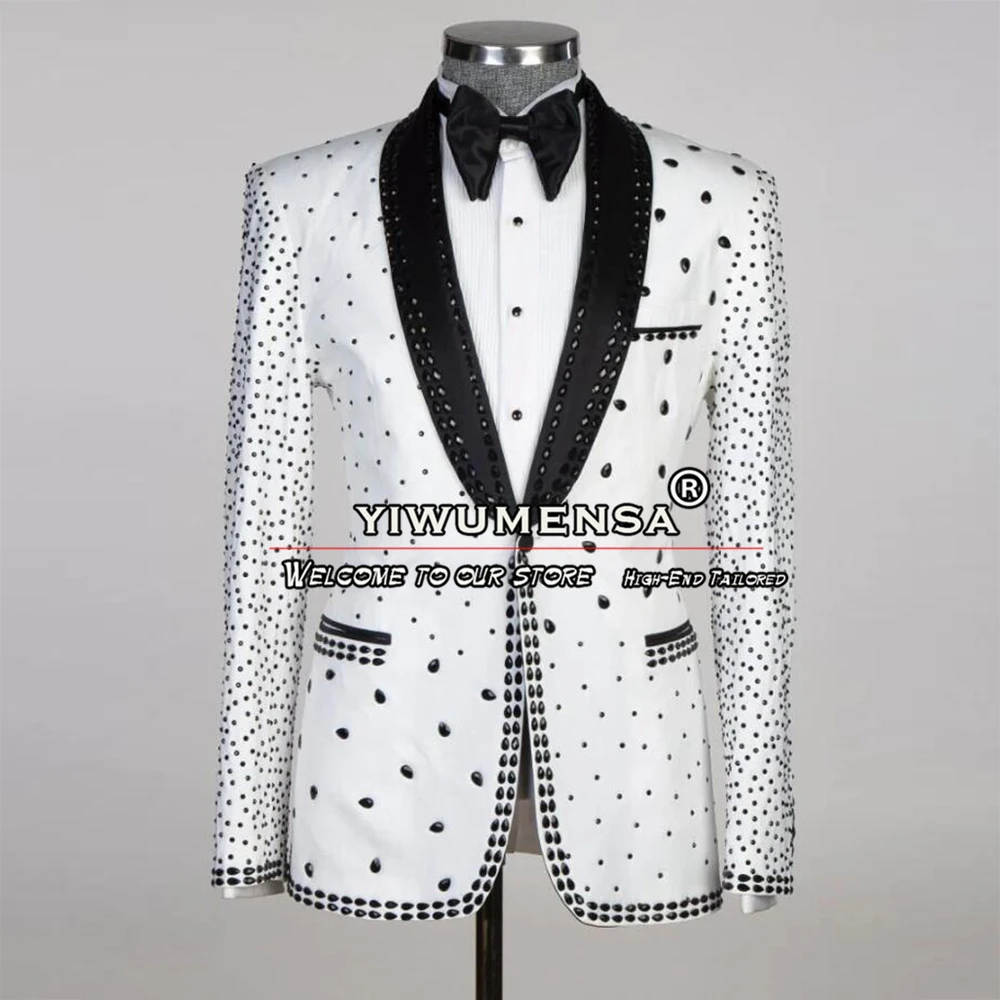  Белые свадебные костюмы для мужчин Роскошный блейзер с кристаллами и черными брюками 2 шт. Формальный жених Смокинги Одежда