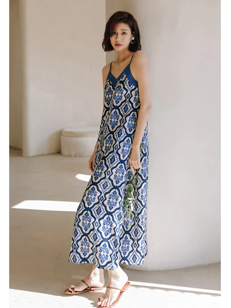 Богемное платье в этническом стиле Женское синее платье с фрагментированным цветочным ремешком Длинное платье Летняя юбка для пляжного отдыха