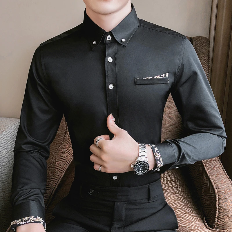 Британский стиль Джентльмен Деловая повседневная рубашка Мужская корейская приталенная рубашка с длинными рукавами Уличная одежда Светская вечеринка Смокинг Блузка