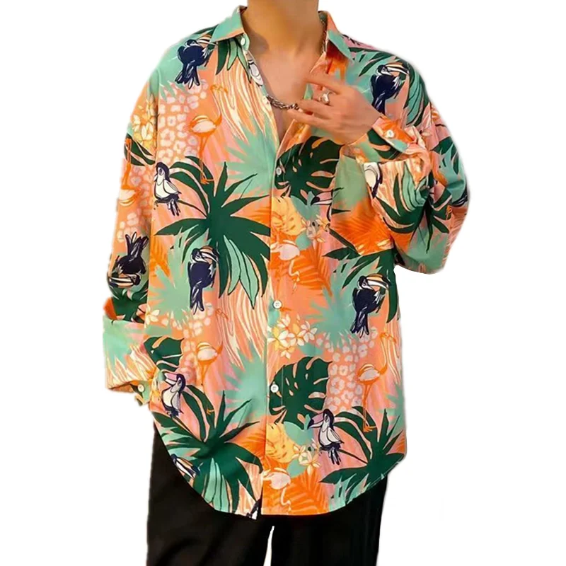 Весна-лето Мужские гавайские рубашки Пляжные рубашки с принтом фламинго Пуговицы Модная мужская одежда Блузка Топ Camisa Masculina