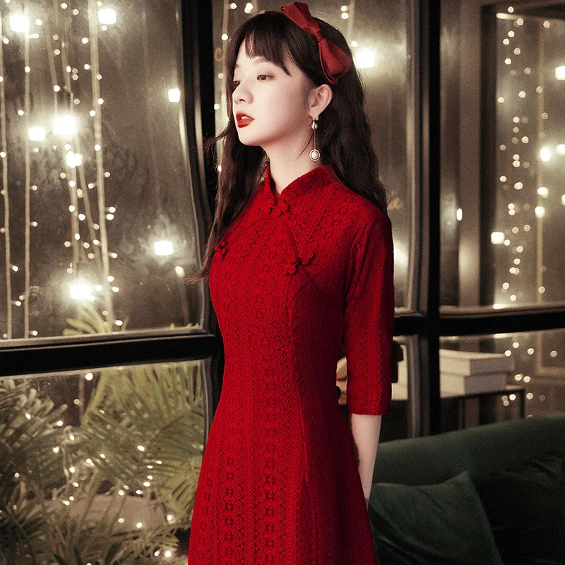 Винтаж Китайский стиль Cheongsam Женское кружевное красное летнее платье для вечеринок Mujer Vestidos S-3XL