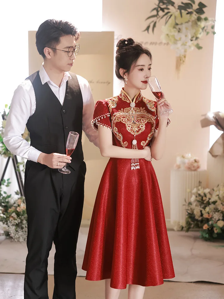 Винтаж Китайский стиль Cheongsam Свадебное платье Брак Slim Qipao Party Вечернее платье Vestido Тост Одежда Современное свадебное платье